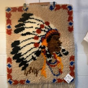 Vintage Hook Rug wall hanging - First Nations in Headdress w/fringe